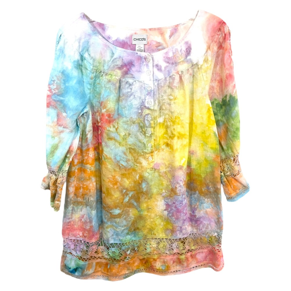 Chicos Small Top Handmade Tie Dye Linen Crochet Blouse Multicolor Tunic 703‎